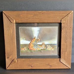 1970s Foil Art Framed & Matted Dufex Foil Tiger & Cubs